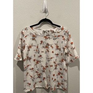 LC LAUREN CONRAD Short Sleeve Floral Antique White Blouse
